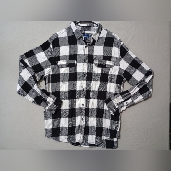 George Button Down shirt L Wht Blk Buffalo Plaid Checkered Print Grunge Hip Hop - Picture 1 of 5
